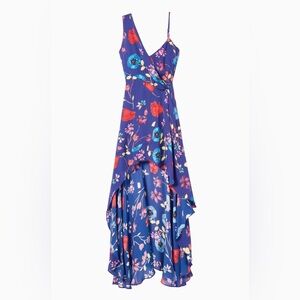 Parker silk floral printed high low asymmetrical midi dress